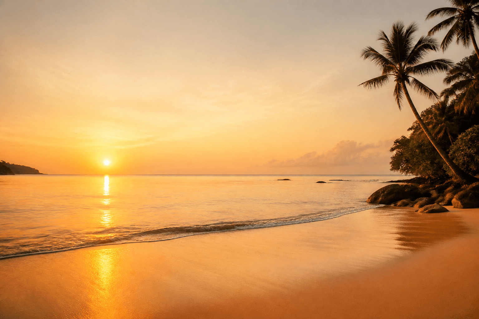 Tropical beach at golden sunrise with calm ocean and palm trees