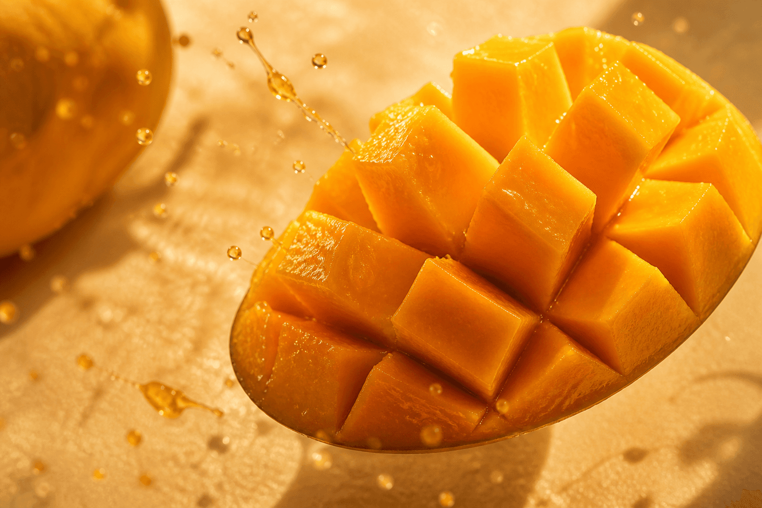 Ripe cut mango with juice droplets in warm light.