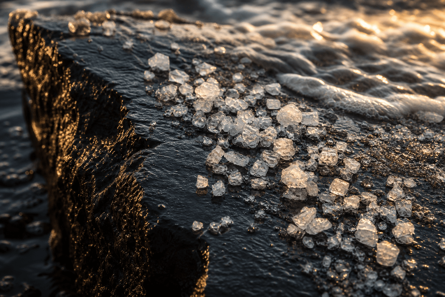Celtic sea salt crystals on wet slate with ocean water.