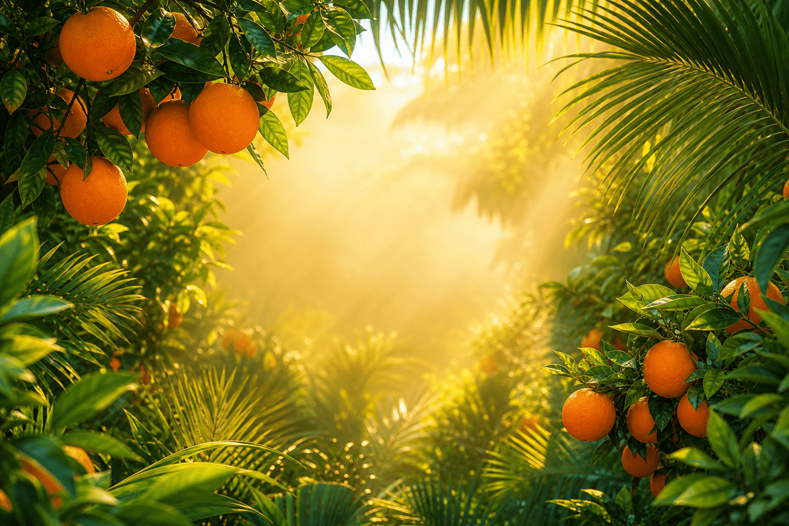 Sunlit orange grove with lush tropical foliage