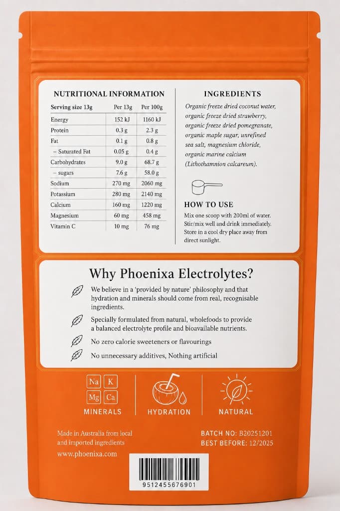 Phoenixa Wholefood Electrolytes, Strawberry Lemonade pouch — nutrition and ingredients